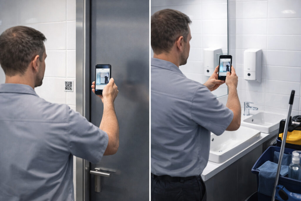 VISPEXIO - IFS Logistics Compliance Software with digital pest monitoring & QR checkpoints. Worker who cleaning toilets add a picture to his run